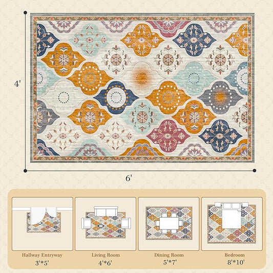 EnHomee Washable Area Rugs 4x6, Soft Area Rug for Living Room Bedroom, Boho Non Slip Low Pile Stain Resistant Washable Rug Large Carpet for Dining Room,Easy to Clean Living Room Rug, Colorful
