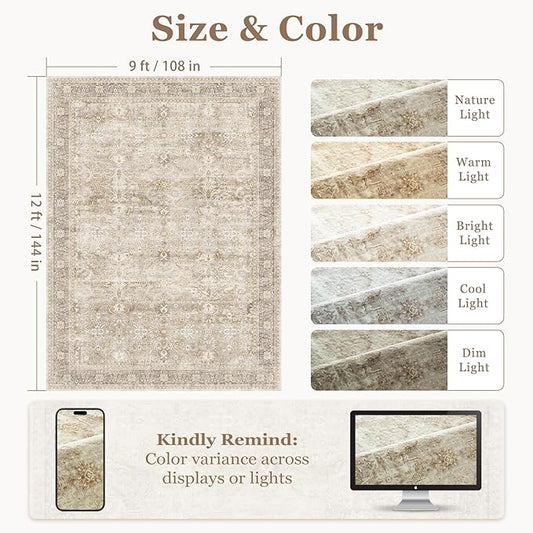 Vintage Neutral Large Area Rugs 9x12 for Living Room, Earth Tone Beige Taupe Big Room Carpet Rug for Bedroom Dining Room, Washable Rug with Rubber Backing Low Pile Thin Soft for Family Room