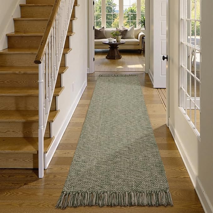 Collive Long Hallway Runner Rug 2.6' x 10', Washable Runner Indoor Entryway Runner Rug, Braided Woven Kitchen Runner Rugs Natural/Green Reversible Bedroom Carpet for Laundry Room Doorway