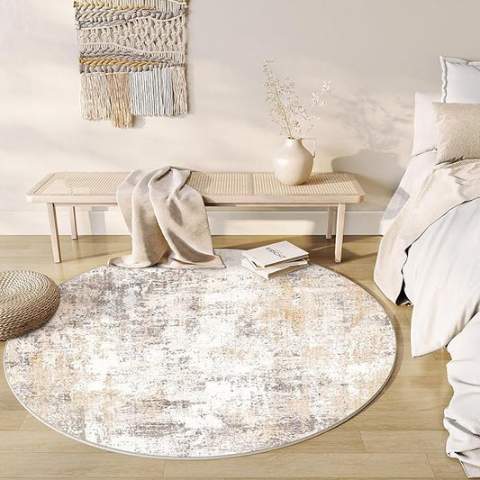 8x8 Washable Round Rug Beige Grey Abstract Living Room Bedroom Area Rug Neutral Modern Non Slip Soft Low Pile Indoor Carpet for Dining Room Office Entryway