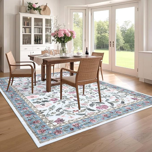 GarveeHome Washable Rug 6 x 9, Low Pile Farmhouse Floral Rug, Non-Shedding Indoor Foldable Printed Carpet Non-Slip Soft Vintage Throw for Bedroom Dining Room Kitchen, Light Blue