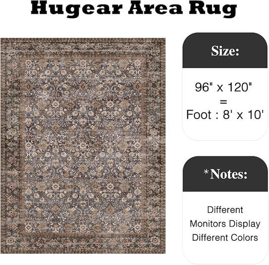 HUGEAR 8x10 Machine Washable Rugs Tradition Brown Hallway Large Area Rug Indoor Accent Rug Floral Low Pile Carpet Soft Throw Aesthetic Rug Bedroom Living Room Office Dining Room Kitchen Laundry Room