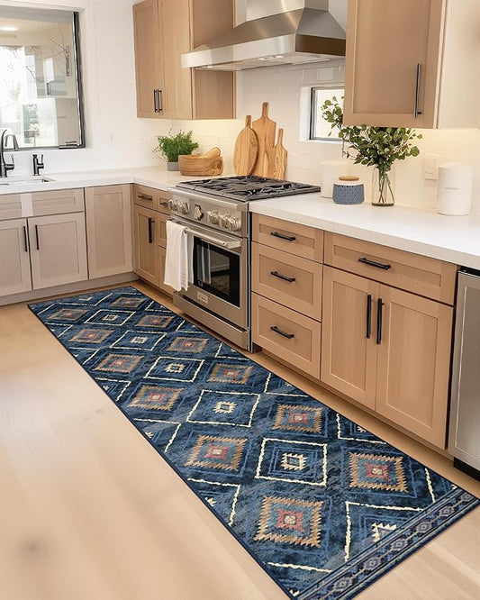 Area Rug 2x10 Rug Machine Washable Non-Slip Low Pile Print Pattern Western Rug for Living Room Bedroom Entryway Tribal Series -Darkblue