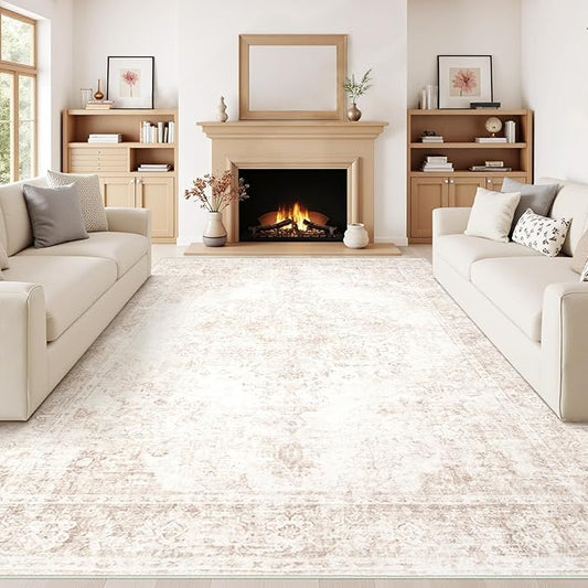 Vintage Living Room Area Rug - 8x10 Large Machine Washable Boho Moroccan Rug Distressed Farmhouse Rugs for Bedroom - Soft Non-Slip Indoor Carpet for Dining Room Office Nursery(Retro Beige, 8'x10')