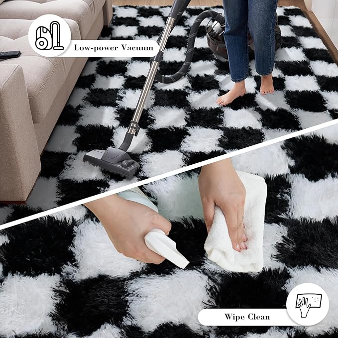 Checkered Rug for Living Room, 6x9 Black and White Area Rugs, Classic Checkered Carpets Shaggy Area Rug, Bedside Rugs for Living Room Bedroom Kids Room Home Decor