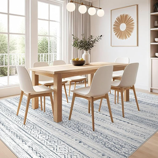 Nakagishi 5x7 Area Rugs Living Room: Washable Boho Large Neutral Soft Farmhouse Rug Stain Resistant Modern Indoor Floor Non-Slip Carpet for Bedroom Nursery Kids Playroom Office Dining Dorm-White Blue