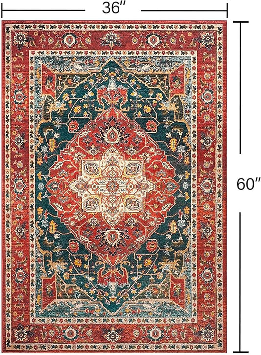 YJ.GWL Area Rugs for Living Room 3x5 Machine Washable Rugs for Bedroom, Non Slip Floral Vintage Rug Indoor Carpet, Small Floor Throw Rug for Dining Room Kitchen, Orange-Red