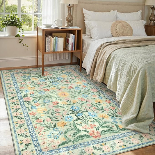 Lahome Sage Green 6x9 Bedroom Rugs, Boho Washable Rugs for Living Room, Soft Wool Carpet for Nursery, Vintage Low Pile Carpet for Kids Playroom Girls, Tea Green