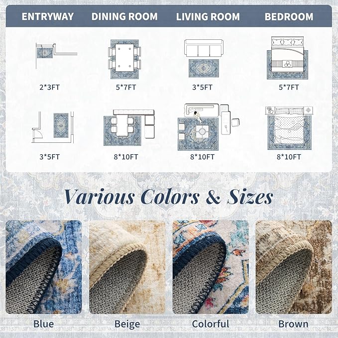 tchdio 5x7 Area Rugs for Living Room, Vintage Non Slip Washable Rug, Soft Low Pile Area Rug Large Floor Indoor Carpet for Bedroom, Dining Room, Office (Blue, 5'x7')