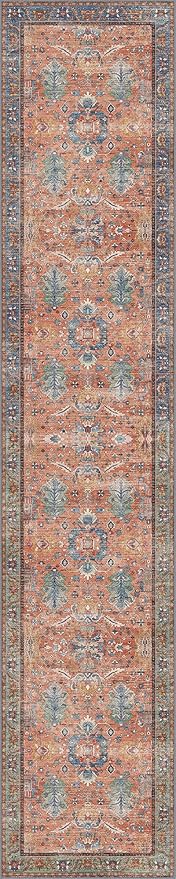 Bavni Bedroom Rug Runners for Hallways, Washable Runner Rug 2x10, Low Pile Non-Slip Indoor Throw Carpet for Bedroom Laundry Room, Terracotta/Blue