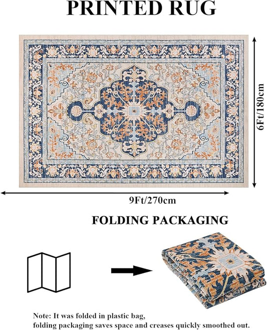 U'Artlines Boho Vintage Area Rug 6x9 Machine Washable Low Pile Soft Floor Carpet Non Slip Non Shedding Accent Rug for Living Room Bedroom Entryway Dining Room Office Orange Blue