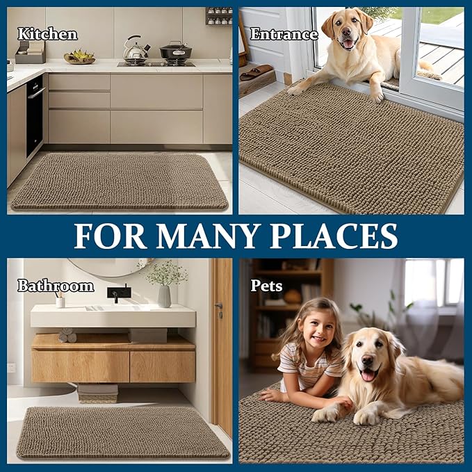 OLANLY Dog Door Mat for Muddy Paws 30x20, Absorbs Moisture and Dirt, Absorbent Non-Slip Washable Doormat, Quick Dry Chenille Mud Mat for Dogs, Entry Indoor Entryway Carpet for Inside Floor, Tan