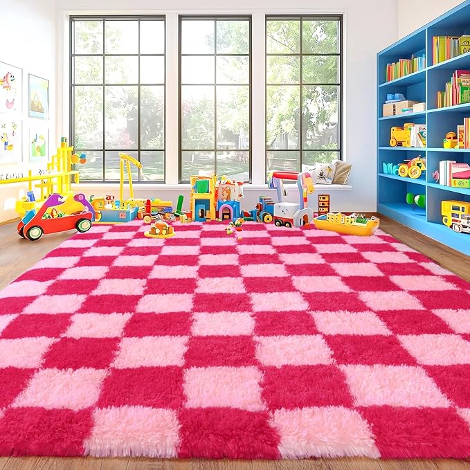 Area Rugs for Living Room, Soft Shaggy Carpets for Living Room, Fuzzy Rugs for Kids' Room, Perfect Decor for Modern Home Hot Pink Grid 6x9 Feet