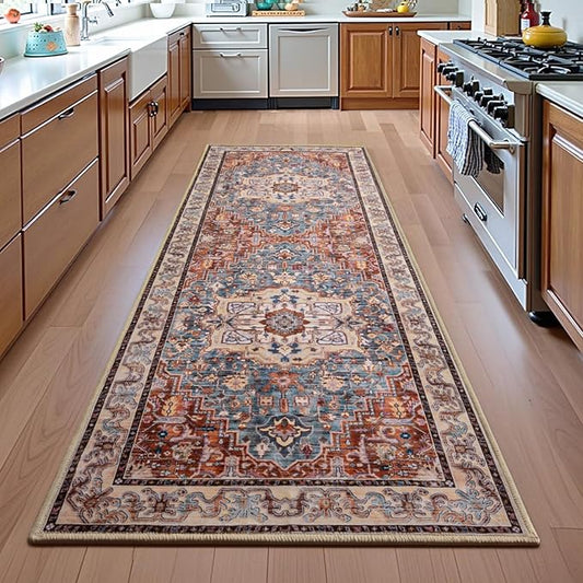 Runner Rug 2×6, Machine Washable Non-Slip Vintage Area Rug, Low Pile, Indoor Carpet Printed Floral Rugs for Living Room, Entryway, Kitchen, Bedroom, Rust Brown