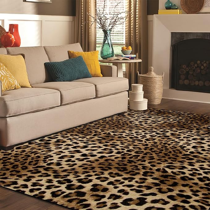Leopard Rug 8x10 Large Living Room Area Rug Washable Non-Slip Leopard Print Bedroom Rug Modern Themed Indoor Carpet for Dining Room Foyer Apartment Den(8x10ft,Brown)