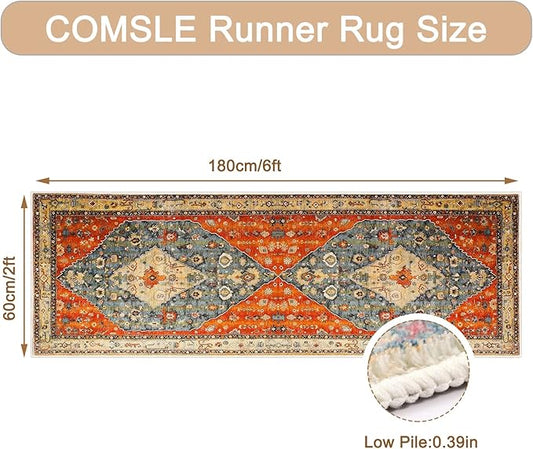 COMSLE Boho Runner Rug, 2' x 6' Washable Rugs for Hallway Faux Wool Small Kitchen Area Rug Distressed Throw Rug Non-Slip Laundry Room Rug Carpet Runner for Entryway Indoor Bedroom