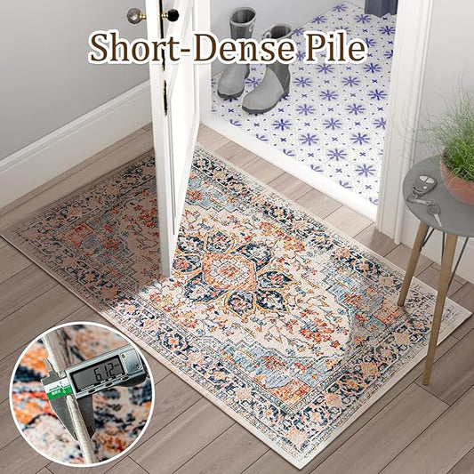 VK VK·LIVING Entryway Washable Rug 2'x3' Small Boho Bathroom Throw Area Rug Non Slip Doormat Indoor Front Door Machine Washable Carpet for Bathroom Kitchen Vintage (Blue Orange)