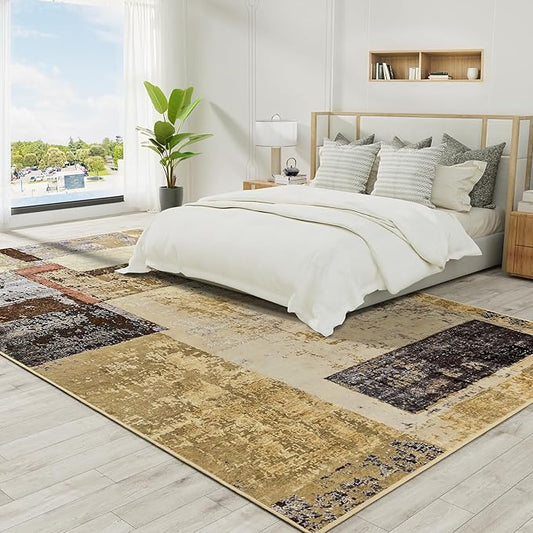 LOCHAS Rug for Living Room 6x9, Washable Soft Area Rugs for Bedroom, Abstract Carpet for Indoor Office Kids Dining Room Nursery Floor, Khaki Geometric Vintage Home Decor, Non Slip, Pet Child Friendly
