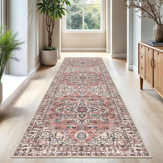 KOZYFLY Long Runners for Hallways 3x10 Ft Washable Kitchen Rug Faux Wool Printed Stair Runner Floor Carpet for Bedroom Entryway Stairs Kitchen Hall Indoor Use, Terracotta/Beige