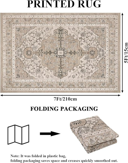 U'Artlines Boho Vintage Area Rug 5x7 Machine Washable Low Pile Soft Floor Carpet Non Slip Non Shedding Accent Rug for Living Room Bedroom Entryway Dining Room Office Beige&Brown