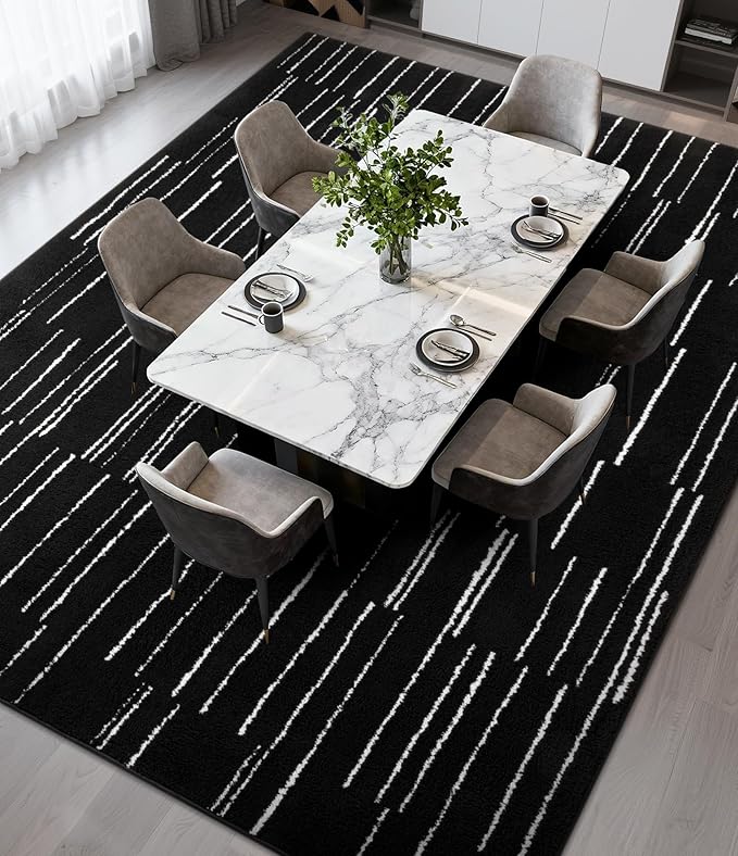 YIHOUSE 8x10 Abstract Line Area Rug, Modern Washable Stain Resistant Rugs Non Slip, Soft Indoor Large Floor Carpet for Living Room, Bedroom,Dining Room, Black and White