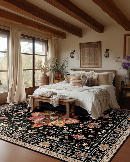 Area Rugs 9'x12' Washable Non-Slip, Floral Vintage Distress Print Pattern Medallion Carpet for Living Room Bedroom Dining Room, Black Colorful Floral Dark Tan