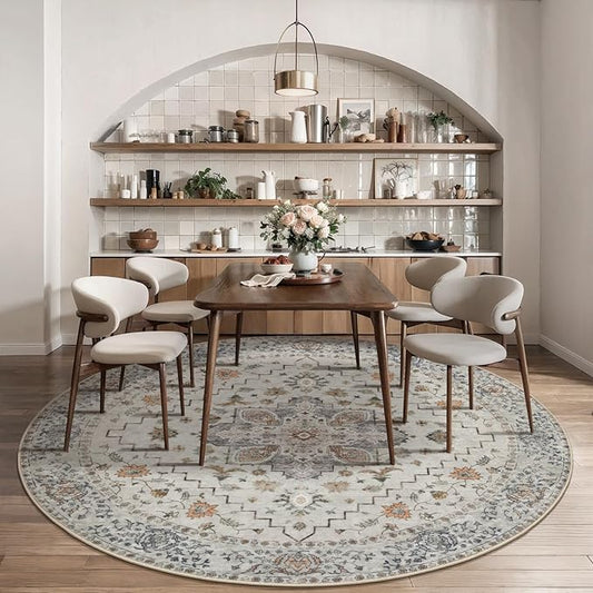 Tangsoo Vintage Round Rug 4ft Washable Circle Rug, Non Slip Small Boho Round Rug, Low Pile Circular Rugs, Round Carpet for Bedroom,Entryway,Nursery,Dorm,Kitchen,Grey