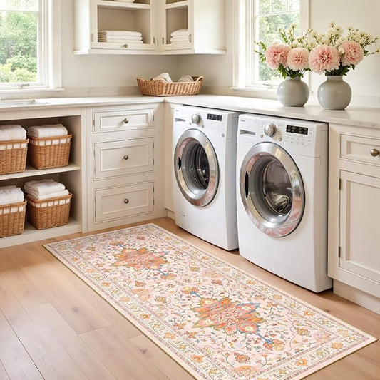 Area Rugs 2'x6' Washable Non-Slip, Floral Vintage Distress Print Pattern Medallion Carpet for Living Room Bedroom Dining Room, Light Pink Colorful