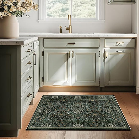 2x3 Floral Washable Area Rug for Living Room, Vintage Boho Rug for Bedroom Dining Room, Distressed Botanical Birds Non Slip Low Pile Forest Animal Throw Carpet for Farmhouse Office, Dark Green