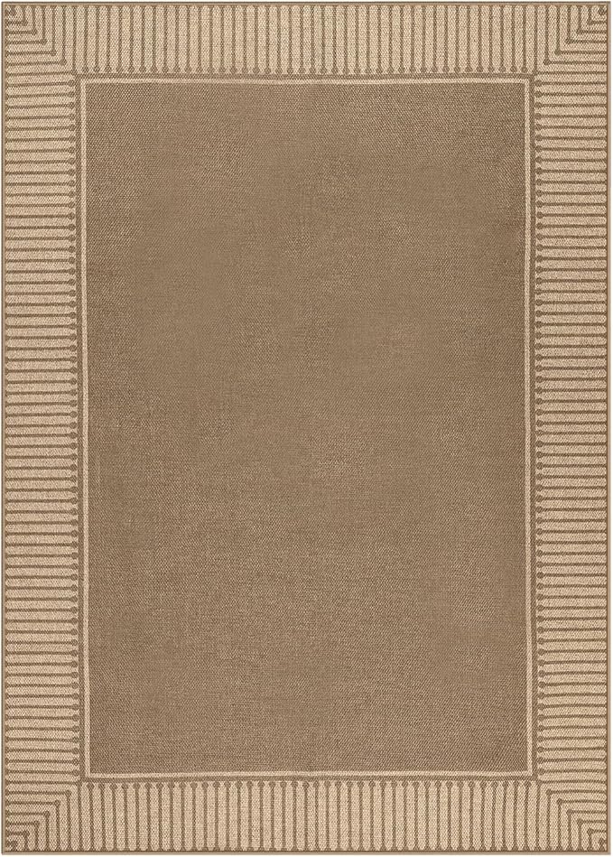 Moynesa Brown Striped Border Easy Jute Outdoor Indoor 5x7 Area Rugs for Living Room, Washable Non Slip Rug for Backyard Patio Balcony Dining Room Bedroom, Farmhouse Carpet for Fall Winter Decor