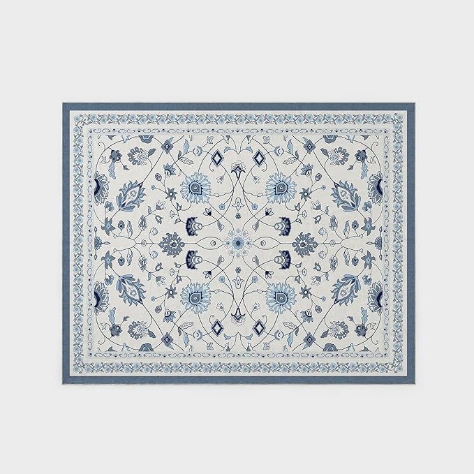 EVERGRACE Area Rugs for Living Room 8x10, Boho Floral Faux Wool Indoor Outdoor Rugs, Washable Rugs for Bedroom Dining Room Entryway Kitchen, Low Pile Floor Mat Carpet for Home Decor, Porcelain Blue