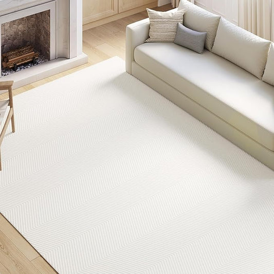 Area Rug for Living Room - 3x5 Soft Faux Rabbit Fur Modern Geometric Wave Carpet for Bedroom, Light Beige