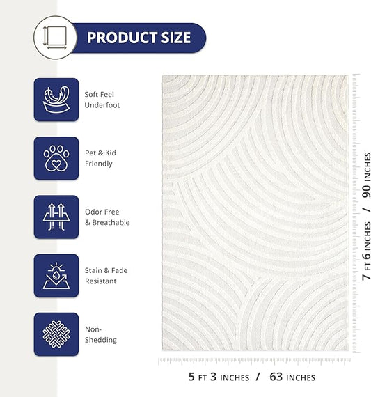 Abani Nomad Cream Tone-on-Tone Area Rug 5' x 8' for Living Room, Bedroom - Linear Curves Pattern - Durable & Easy to Clean