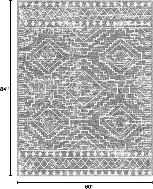 Wonnitar Moroccan Gray Area Rugs for Living Room, Washable 5x7 Boho Bedroom Rugs, Non-Slip Large Soft Dining Room Throw Mat, Floor Carpet for Basement Guest Room Office (Silver Grey,5'x7')