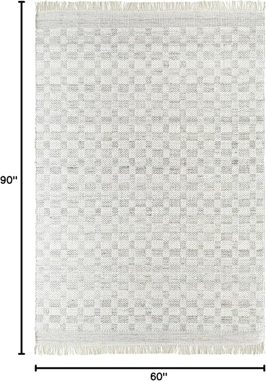 Mark&Day Wool Rugs, 5x8 Clinten Solid and Border Light Gray Checkered Rug, Grey Ivory Carpet for Living Room, Bedroom or Kitchen (5' x 7'6")