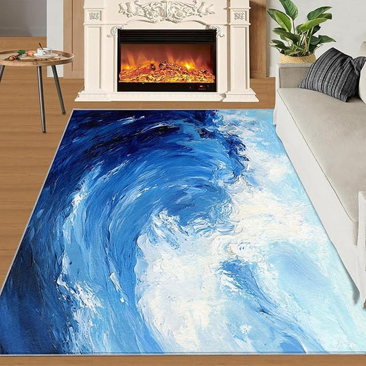 Japanese Ocean Rugs for Bedroom - 4x5 Area Rug - Ukiyo-E Ocean Waves Rugs for Living Room, Abstract Oil Painting Ocean Rug, Washable Home Decor Carpet