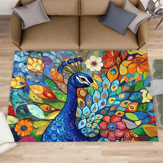 Boho Peacock Rug Large - 6x9 Rug, Colorful Peacock Washable Rugs for Living Room, Teal Turquoise Carpet, Modern Style Non-Slip Area Rugs for Bedroom, Aesthetics Carpet - Peafowl Home Decor & Gifts