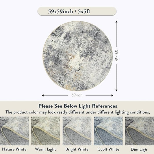 Lahome Modern Abstract Round Rug - 5Ft Grey Living Room Rugs Washable 5x5 Circle Rugs Indoor Dining Table Mat, Soft Non Slip Low Pile Office Carpet for Bedroom Playroom Kitchen Coffee Table