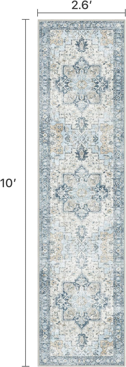 Runner Rug 2'6''x10, Non Slip Vintage Hallway Runner Rugs, Low Pile Lightweight Machine Washable Mat for Hallway, Entryway, Bedroom, Kitchen and Corridor, Blue