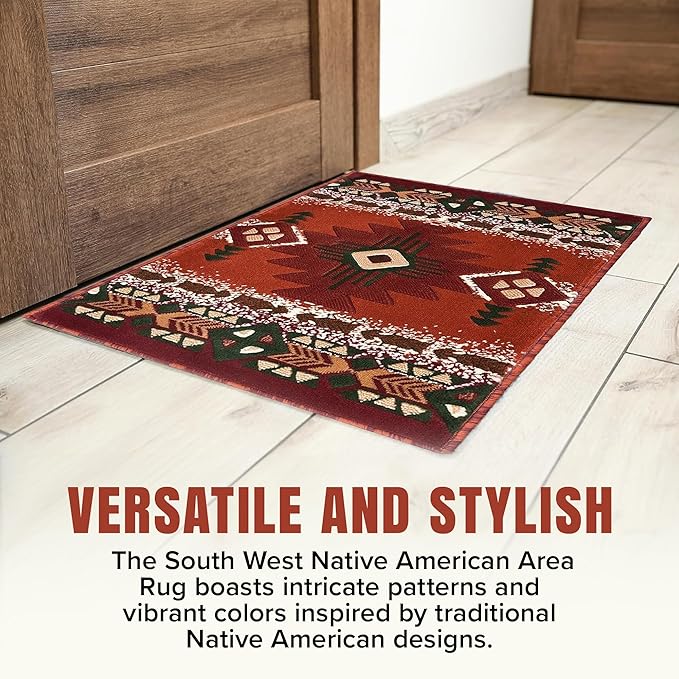 YHSF South West Native American Area Rug C318 - Easy Clean, Thick, Soft, Durable Native Tribal American Indian Inspired Rug for Bedroom/Living Room and More - Rust, 8 Feet x 10 Feet