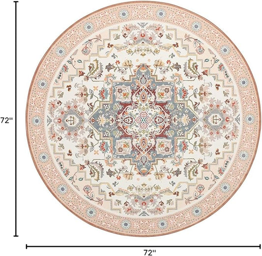 Phantoscope Washable Round Area Rug 6ft Non-Slip, Vintage Boho Rugs for Living Room, Bedroom, Dining Room, Persian Floral Medallion Pattern, Low-Pile Foldable Floor Carpet, Ivory Rose/Fall Bloom