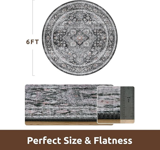 AMOAMI-6FT Round Rug-Rugs for Living Room-Vintage Soft Black Rugs for Bedroom-Non Slip Circle Rug-Machine Washable Rug for Dining Room Living Room Bedroom Office Under Table Dark Grey & Black