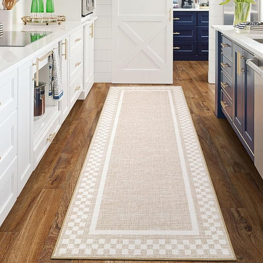 Rug Runners for Hallways 2x8 Washable Kitchen Runner Rug Non Slip Low Pile Bedside Throw Carpet Modern Bordered Bathroom Runners Checkered Area Rug for Living Room Bedroom Entryway Nursery, Beige