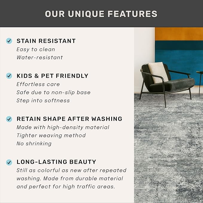 Vintage Dark Blue Rugs for Bedroom - 6x9 Distressed Print Pattern Large Area Rug for Living Room, Dining Room Under Table, Thin & Soft Washable Slate and Gray Décor