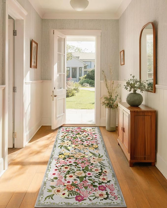 Floral Runner Rug 2x6 - Washable Vintage Kitchen Rug Low Pile Non-Slip Carpet for Entryway Hallway, Laundry, Bedroom - Soft, Stain Resistant Indoor Area Rug - Grey