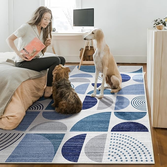 MUJOO Washable Rug 8x10 Blue,Large Area Rugs for Living Room Bedroom Dining Room,Boho Throw Floor Carpet Non Slip Soft Modern Abstract Navy Blue