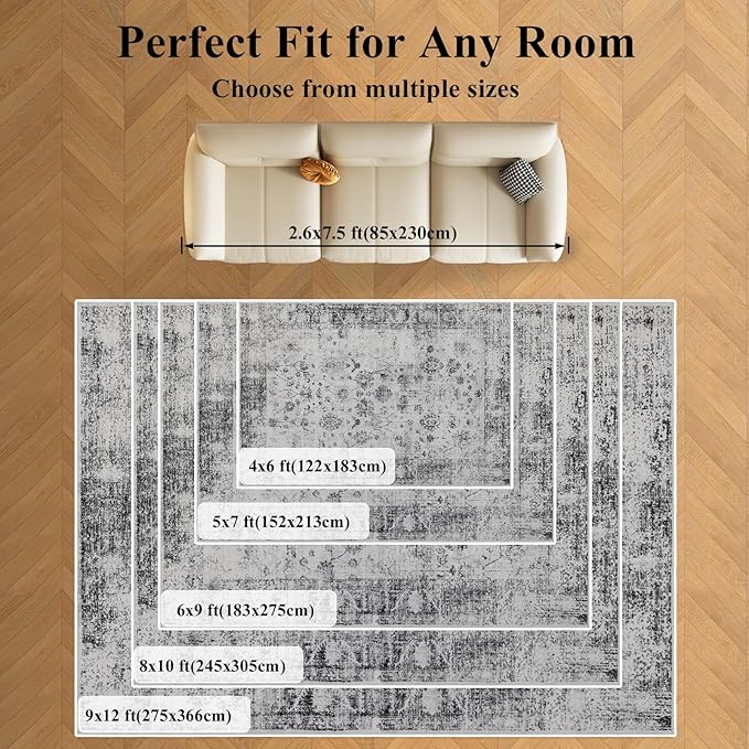 Washable 6x9 Area Rug for Living Room, Carpet for Bedroom Dining Room, Non Slip&Non-Shedding Resistant Low Pile Vintage Print Rug for Home Office ((White/Grey)