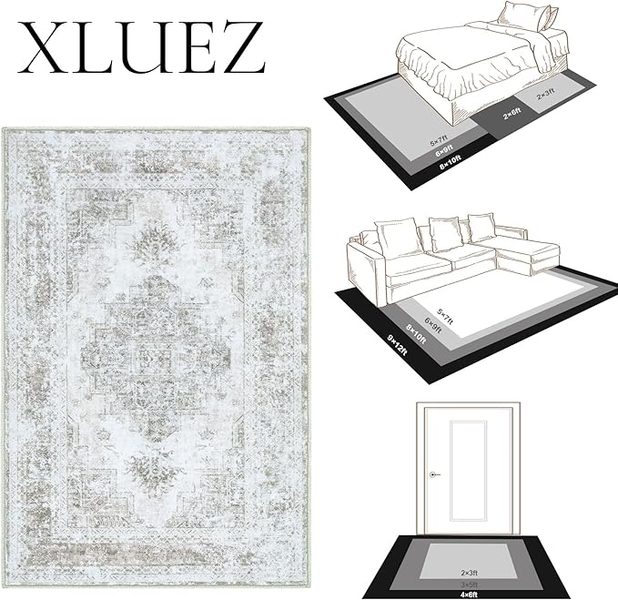 Area Rug 6x9 Living Room Rug, Machine Washable Vintage Distressed Medallion Rug Non-Slip Soft Low Pile Large Indoor Rugs for Bedroom Kitchen Dining Room Office(Taupe,6'x9')
