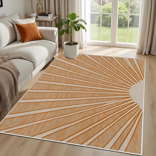 Boho Sun Print Area Rug for Living Room 3x4, Modern Abstract Non-Slip Washable Rugs, Soft Stripe Minimalism Carpet for Bedroom, Nursery, Entryway, Dining Room & Office Decor, Orange White