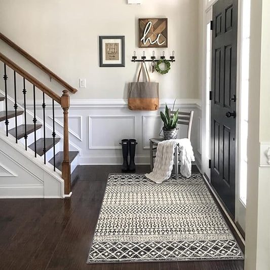 3x5 Rug for Living Room, Ultra Soft Non Slip Moroccan Washable Rug, Distressed Entryway Rugs, Low-Pile Throw Carpet Black Rugs for Bedroom Kitchen Living Room Dinning Room